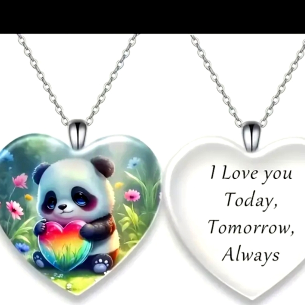 3D GLASS PANDA PENDANT HEART / 20 INCH CHAIN SAYS I LOVE YOU TODAY TOMORROW ALWA
